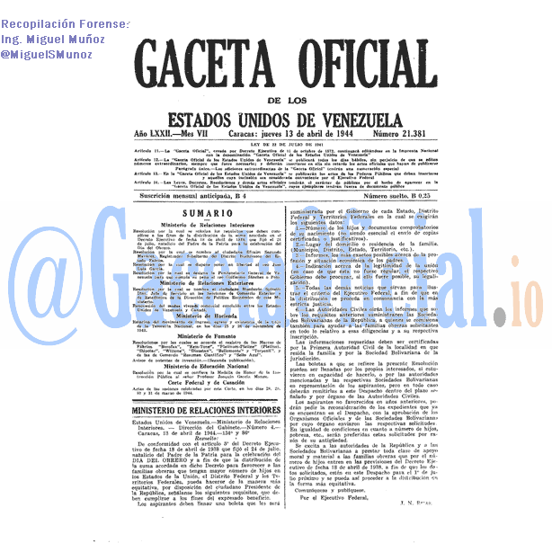 Gaceta Oficial 21381 del 13 Abril 1944