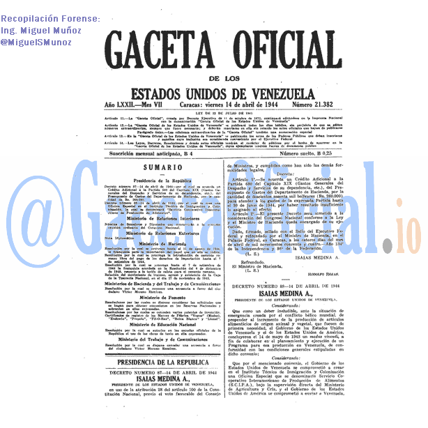 Gaceta Oficial 21382 del 14 Abril 1944