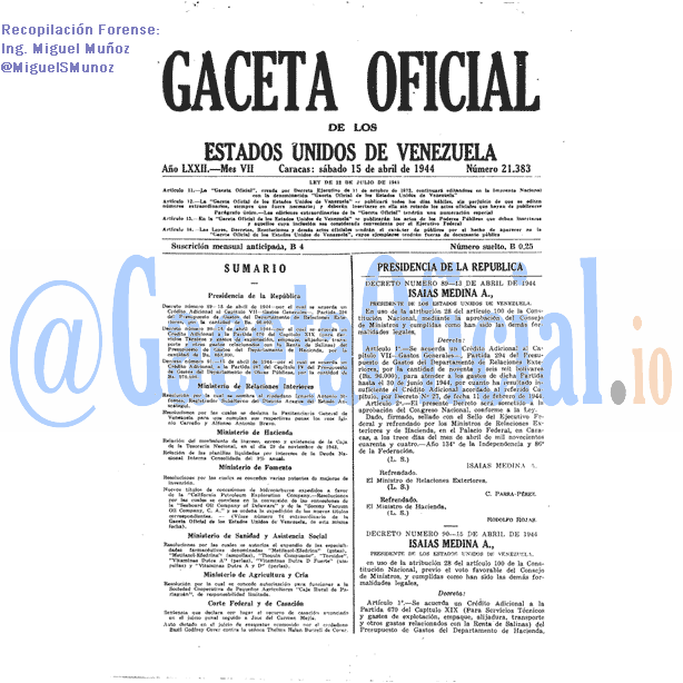 Gaceta Oficial 21383 del 15 Abril 1944