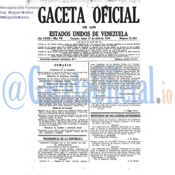Gaceta Oficial 21384 del 17 Abril 1944
