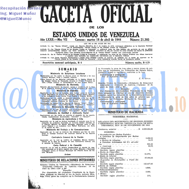 Gaceta Oficial 21385 del 18 Abril 1944