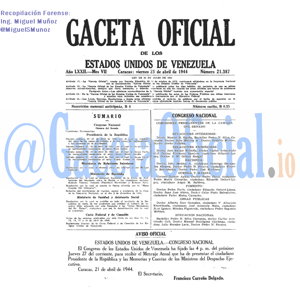 Gaceta Oficial 21387 del 21 Abril 1944