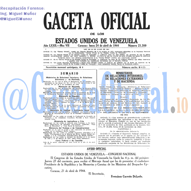 Gaceta Oficial 21389 del 24 Abril 1944