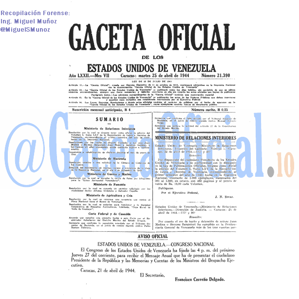 Gaceta Oficial 21390 del 25 Abril 1944