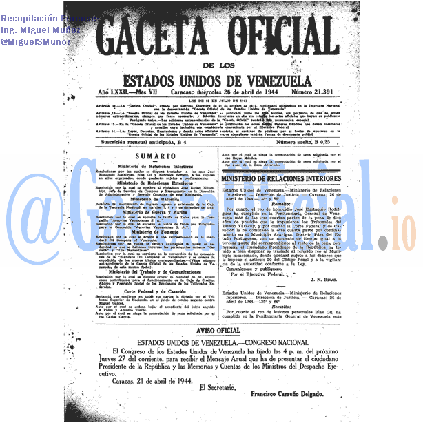 Gaceta Oficial 21391 del 26 Abril 1944