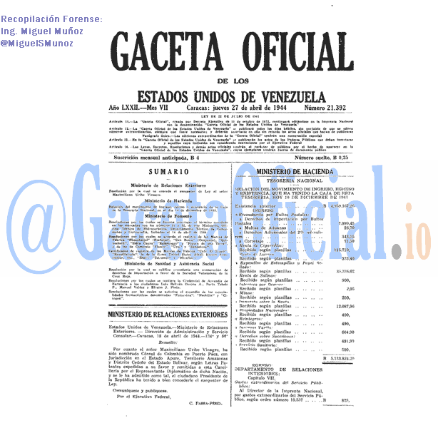 Gaceta Oficial 21392 del 27 Abril 1944