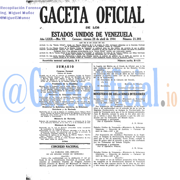 Gaceta Oficial 21393 del 28 Abril 1944