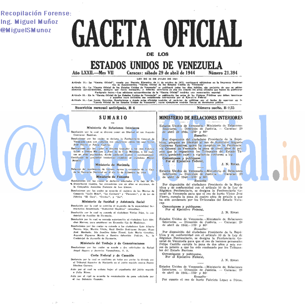 Gaceta Oficial 21394 del 29 Abril 1944