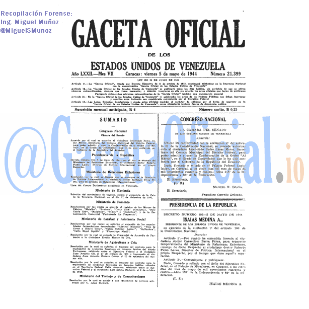 Gaceta Oficial 21399 del 5 Mayo 1944