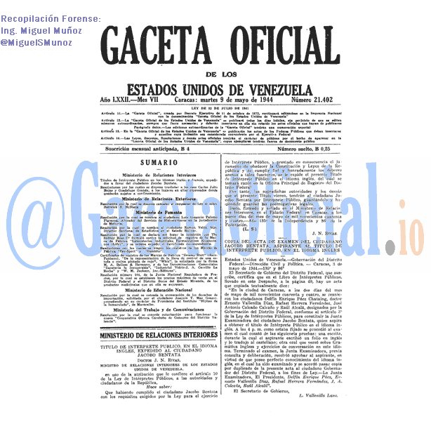 Gaceta Oficial 21402 del 9 Mayo 1944