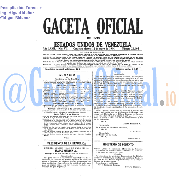 Gaceta Oficial 21405 del 12 Mayo 1944
