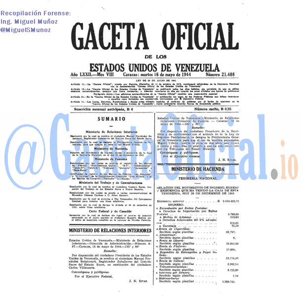 Gaceta Oficial 21408 del 16 Mayo 1944