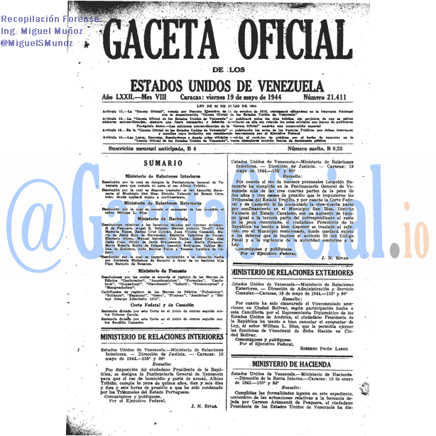 Gaceta Oficial 21411 del 19 Mayo 1944