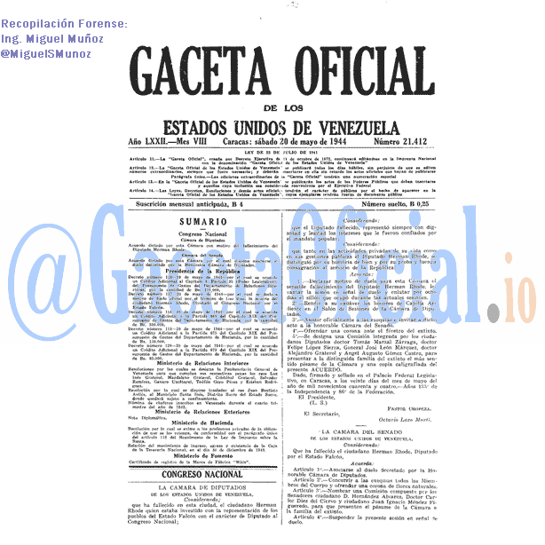Gaceta Oficial 21412 del 20 Mayo 1944