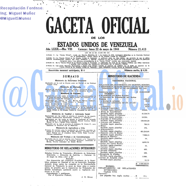 Gaceta Oficial 21413 del 22 Mayo 1944