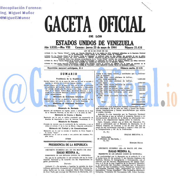 Gaceta Oficial 21416 del 25 Mayo 1944