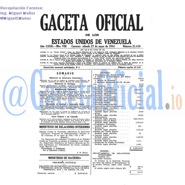Gaceta Oficial 21418 del 27 Mayo 1944