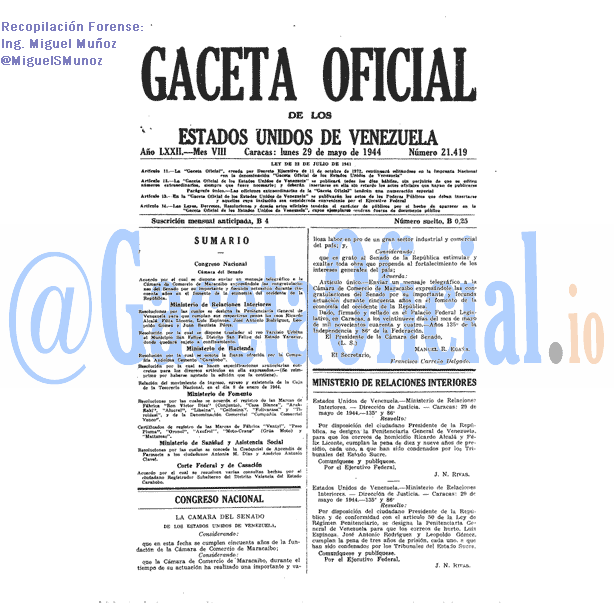 Gaceta Oficial 21419 del 29 Mayo 1944