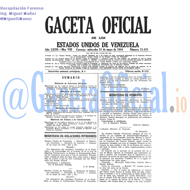 Gaceta Oficial 21421 del 31 Mayo 1944