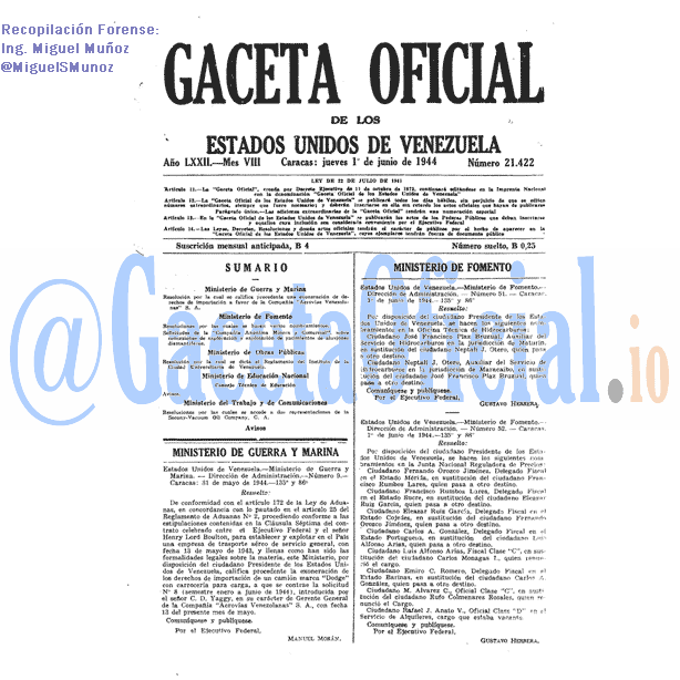 Gaceta Oficial 21422 del 1 Junio 1944