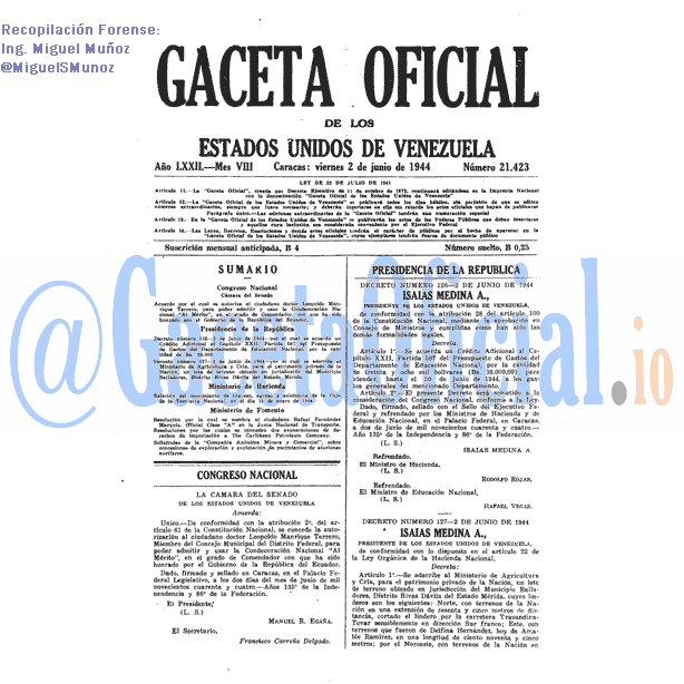 Gaceta Oficial 21423 del 2 Junio 1944