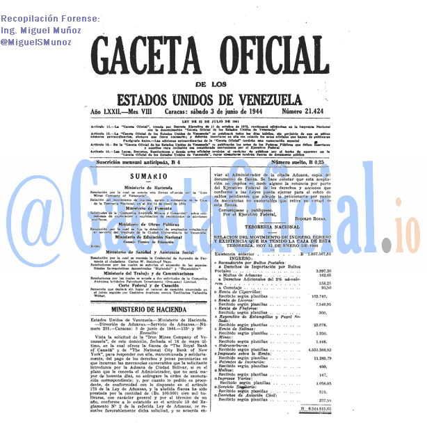Gaceta Oficial 21424 del 3 Junio 1944