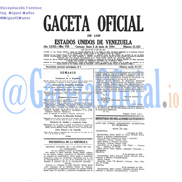 Gaceta Oficial 21425 del 5 Junio 1944