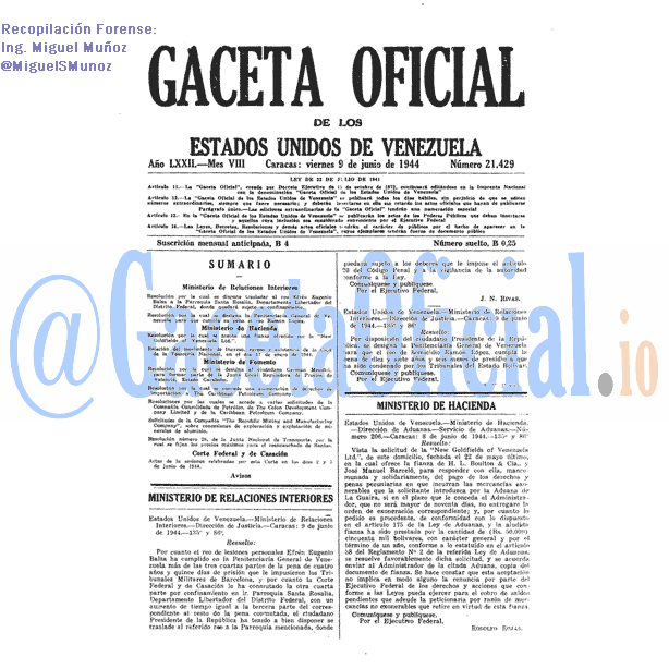 Gaceta Oficial 21429 del 9 Junio 1944