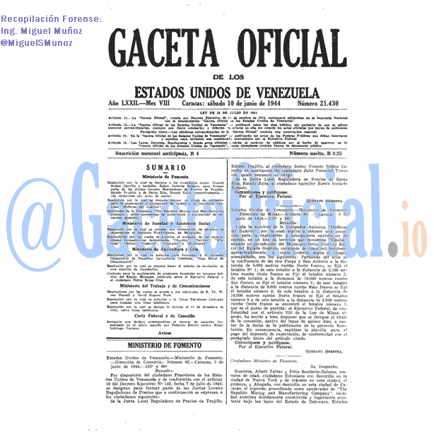 Gaceta Oficial 21430 del 10 Junio 1944