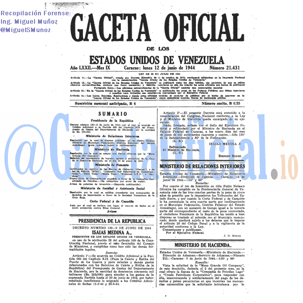 Gaceta Oficial 21431 del 12 Junio 1944