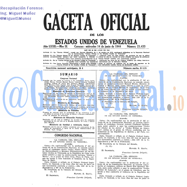 Gaceta Oficial 21433 del 14 Junio 1944