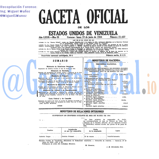 Gaceta Oficial 21437 del 19 Junio 1944