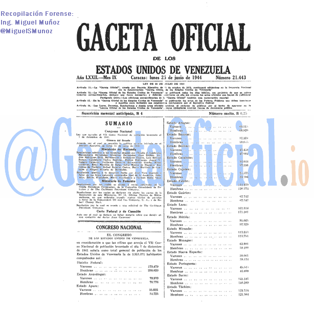 Gaceta Oficial 21443 del 25 Junio 1944