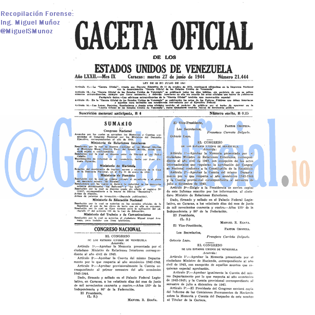 Gaceta Oficial 21444 del 27 Junio 1944