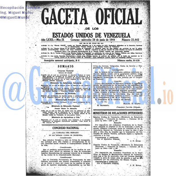 Gaceta Oficial 21445 del 28 Junio 1944