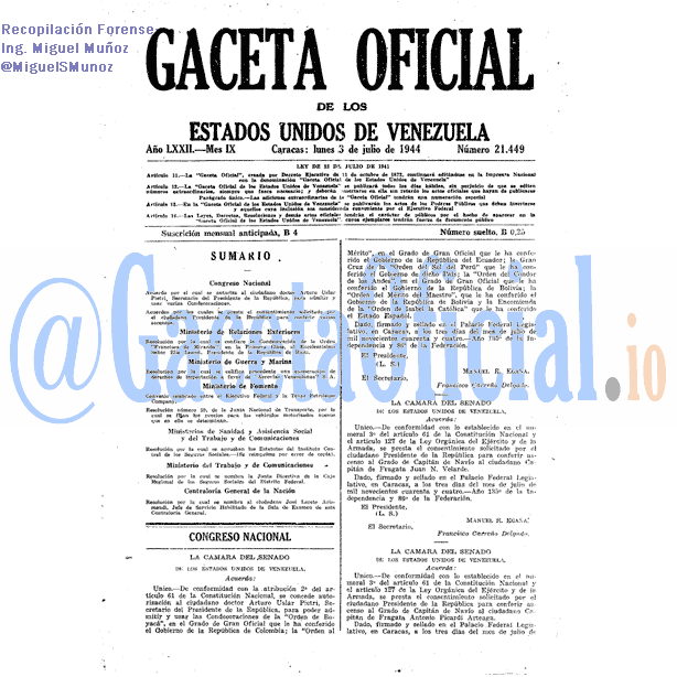 Gaceta Oficial 21449 del 3 Julio 1944