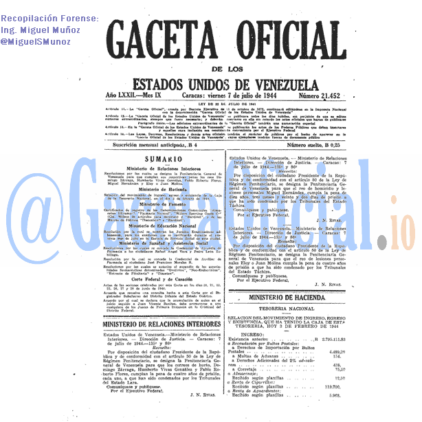 Gaceta Oficial 21452 del 7 Julio 1944