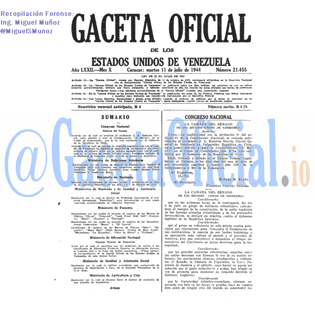 Gaceta Oficial 21455 del 11 Julio 1944
