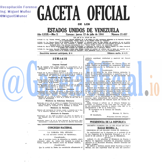 Gaceta Oficial 21457 del 13 Julio 1944