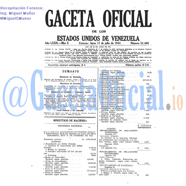 Gaceta Oficial 21460 del 17 Julio 1944