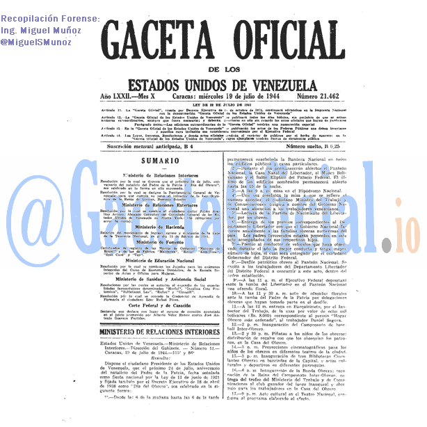 Gaceta Oficial 21462 del 19 Julio 1944