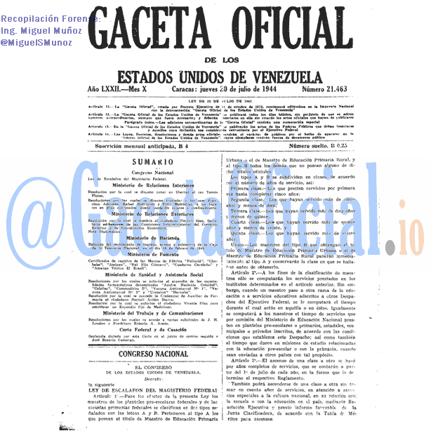 Gaceta Oficial 21463 del 20 Julio 1944