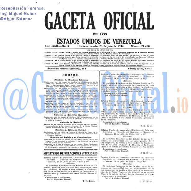 Gaceta Oficial 21466 del 25 Julio 1944