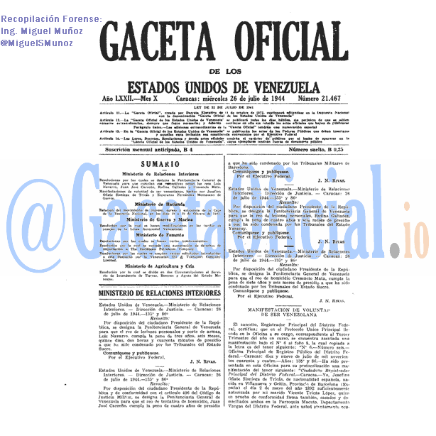Gaceta Oficial 21467 del 26 Julio 1944