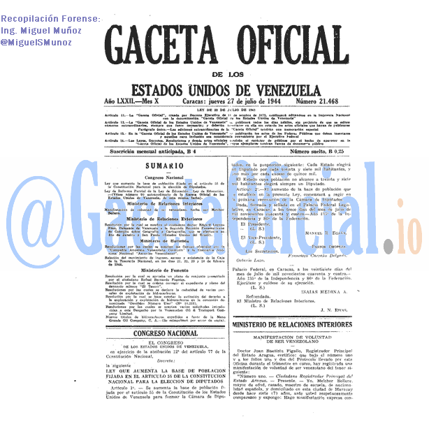 Gaceta Oficial 21468 del 27 Julio 1944