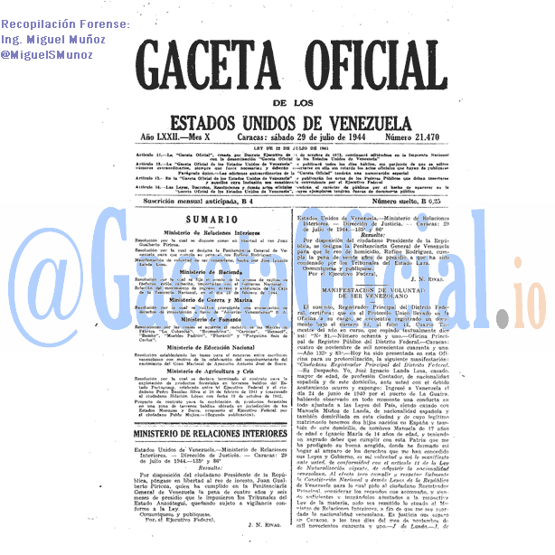 Gaceta Oficial 21470 del 29 Julio 1944