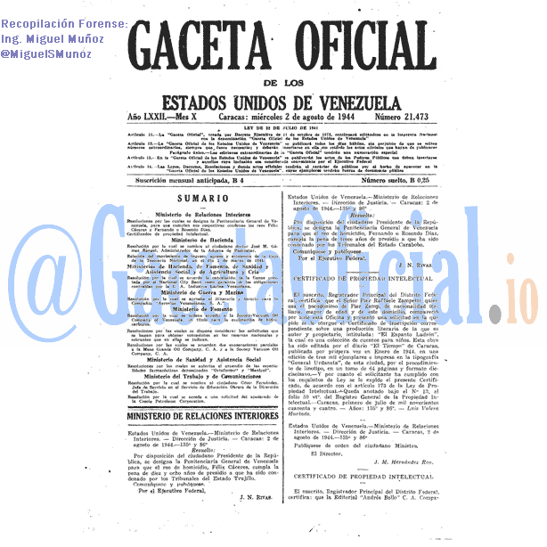 Gaceta Oficial 21473 del 2 Agosto 1944