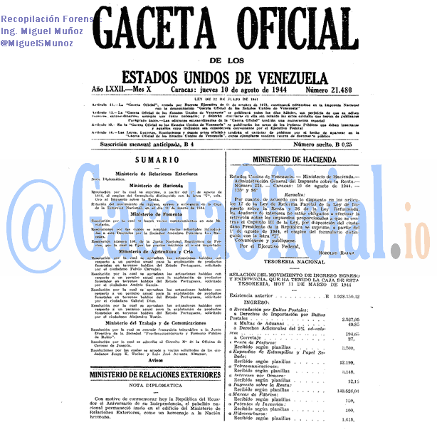Gaceta Oficial 21480 del 10 Agosto 1944