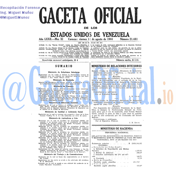 Gaceta Oficial 21481 del 11 Agosto 1944