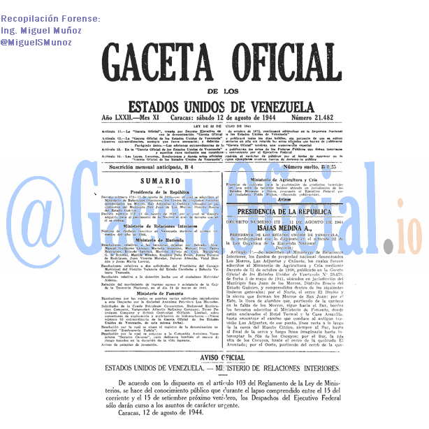 Gaceta Oficial 21482 del 12 Agosto 1944